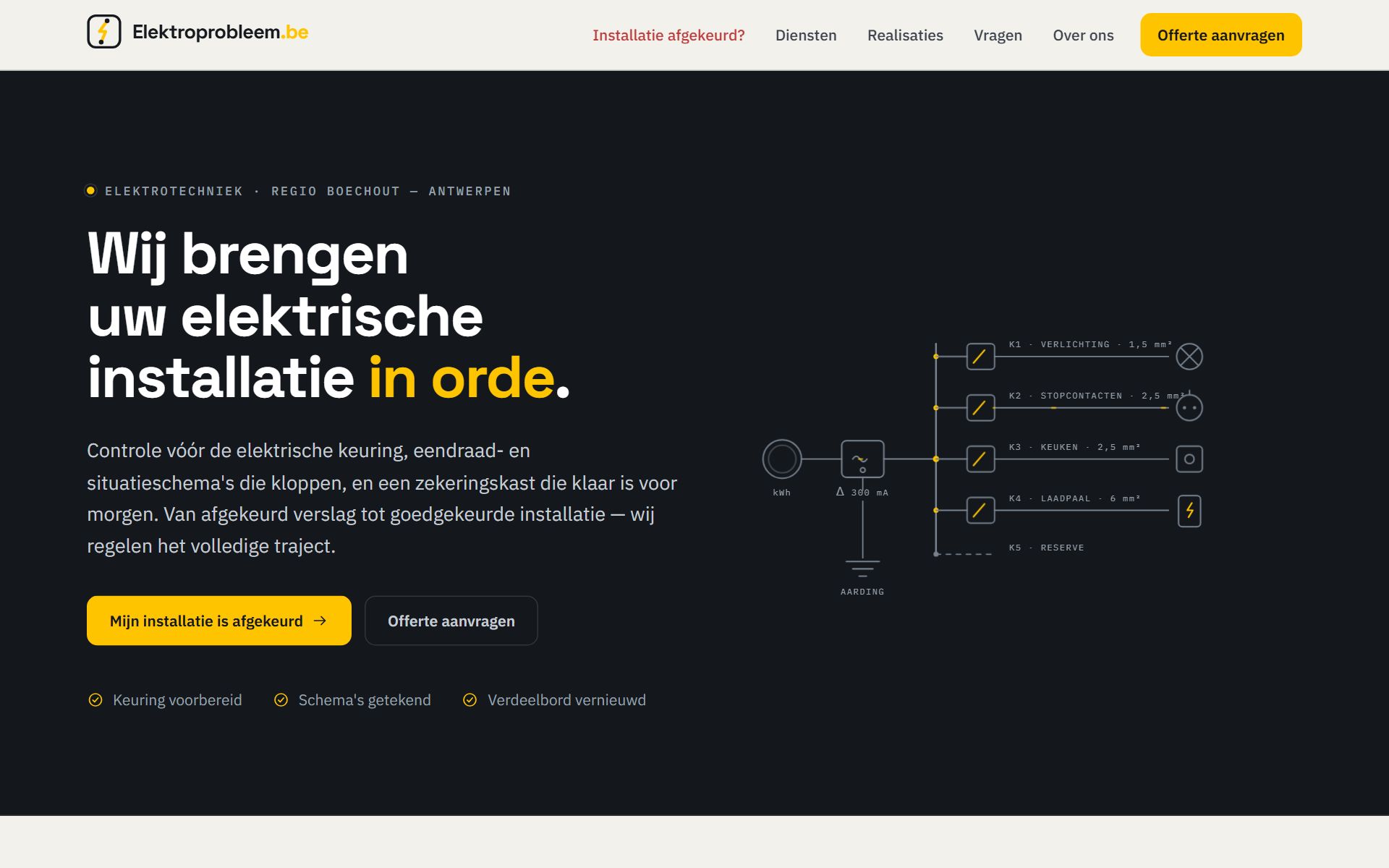 Screenshot of the website of Elektroprobleem.be